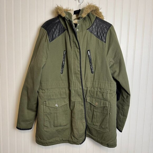 Torrid green canvas sherpa lined coat faux fur trim hood size 2X - Picture 1 of 5